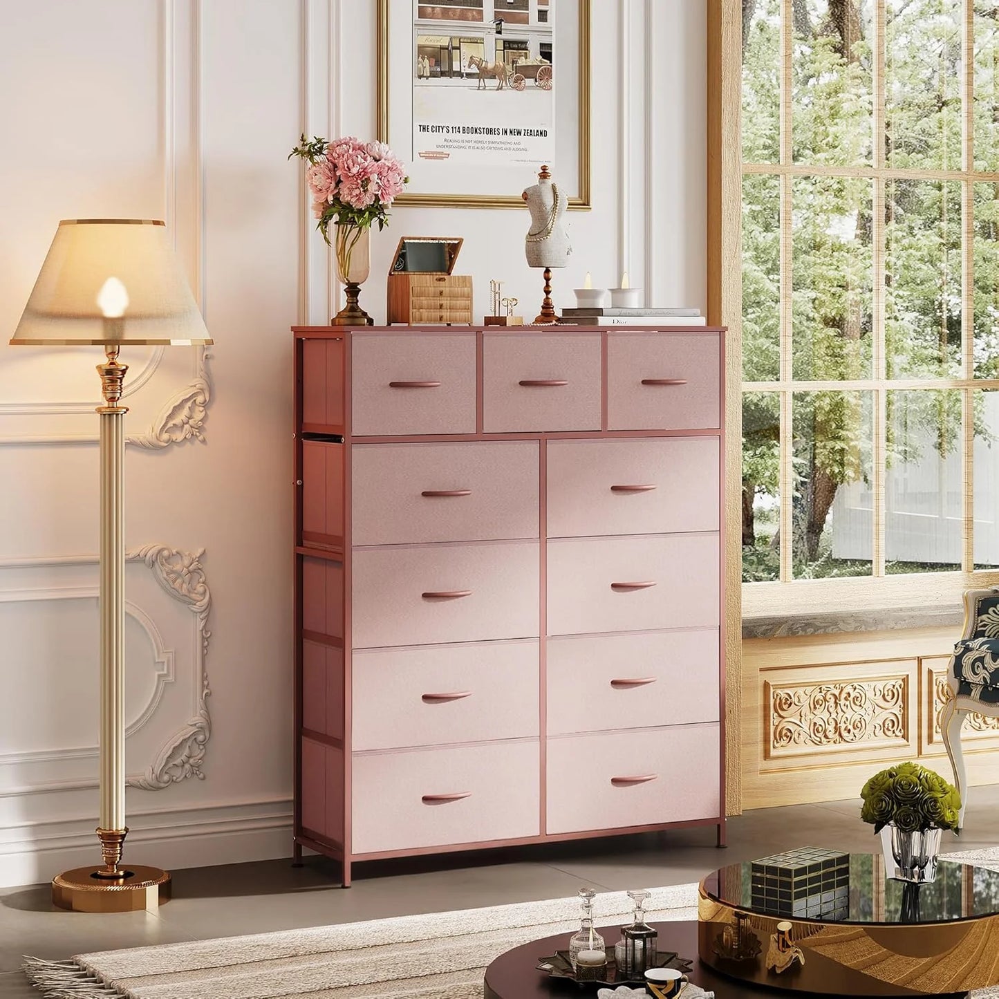 Storage Organizer Unit with 11 Fabric Bins, Storage Drawers Organizer with Steel Frame, Tall Storage Tower Organizaton