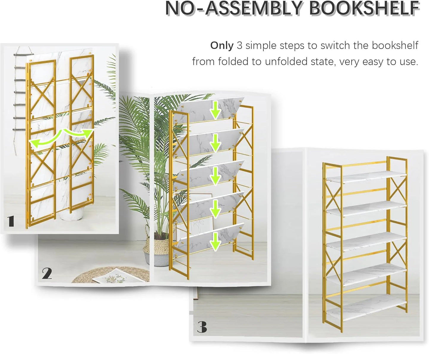 5 Tiers No Assembly Book Shelves 51.2" H Folding Bookshelf Bookcase