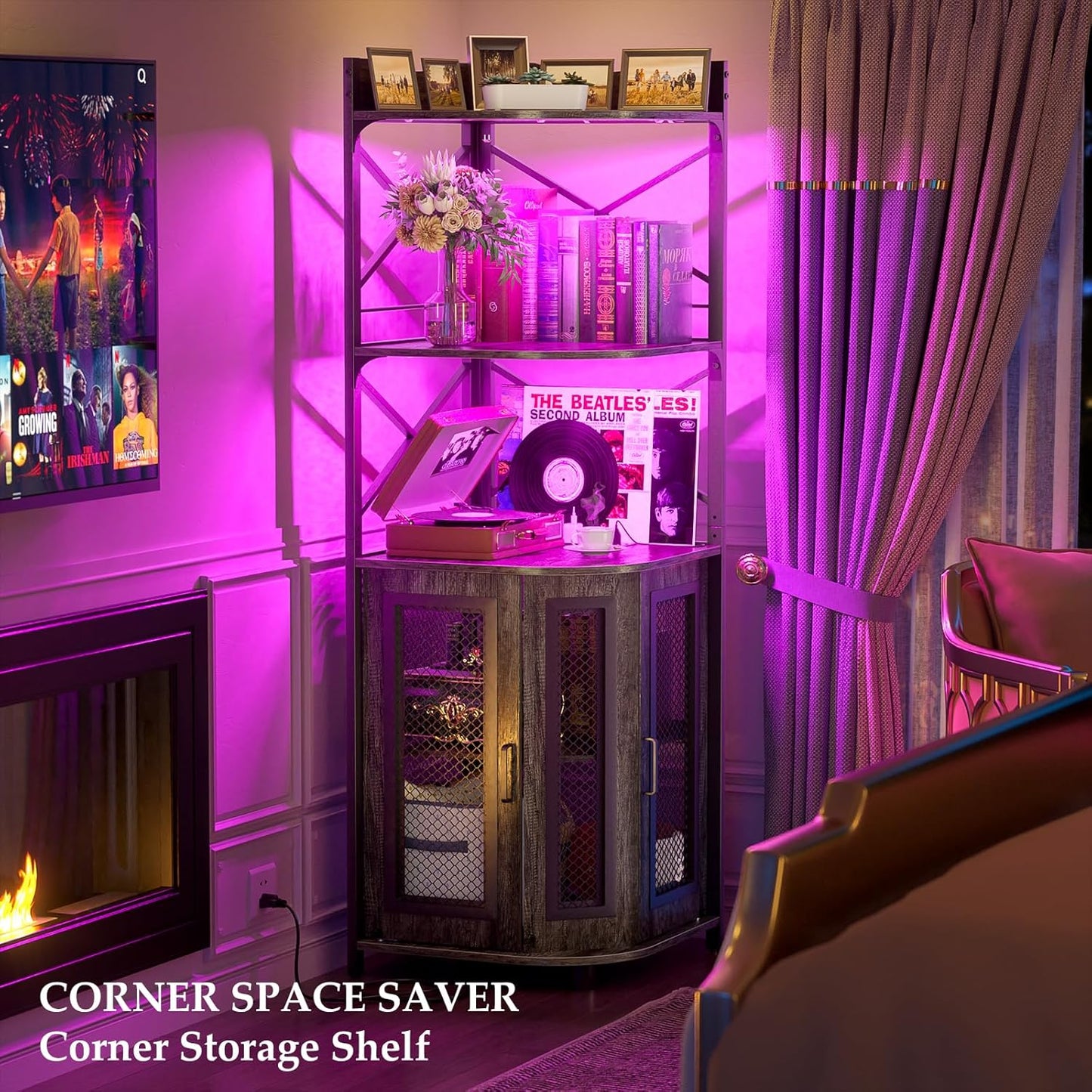 Corner bar cabinet with power socket, industrial style wine cabinet with LED light strip and glass rack, home five-layer wine cabinet bar unit, small space corner display cabinet