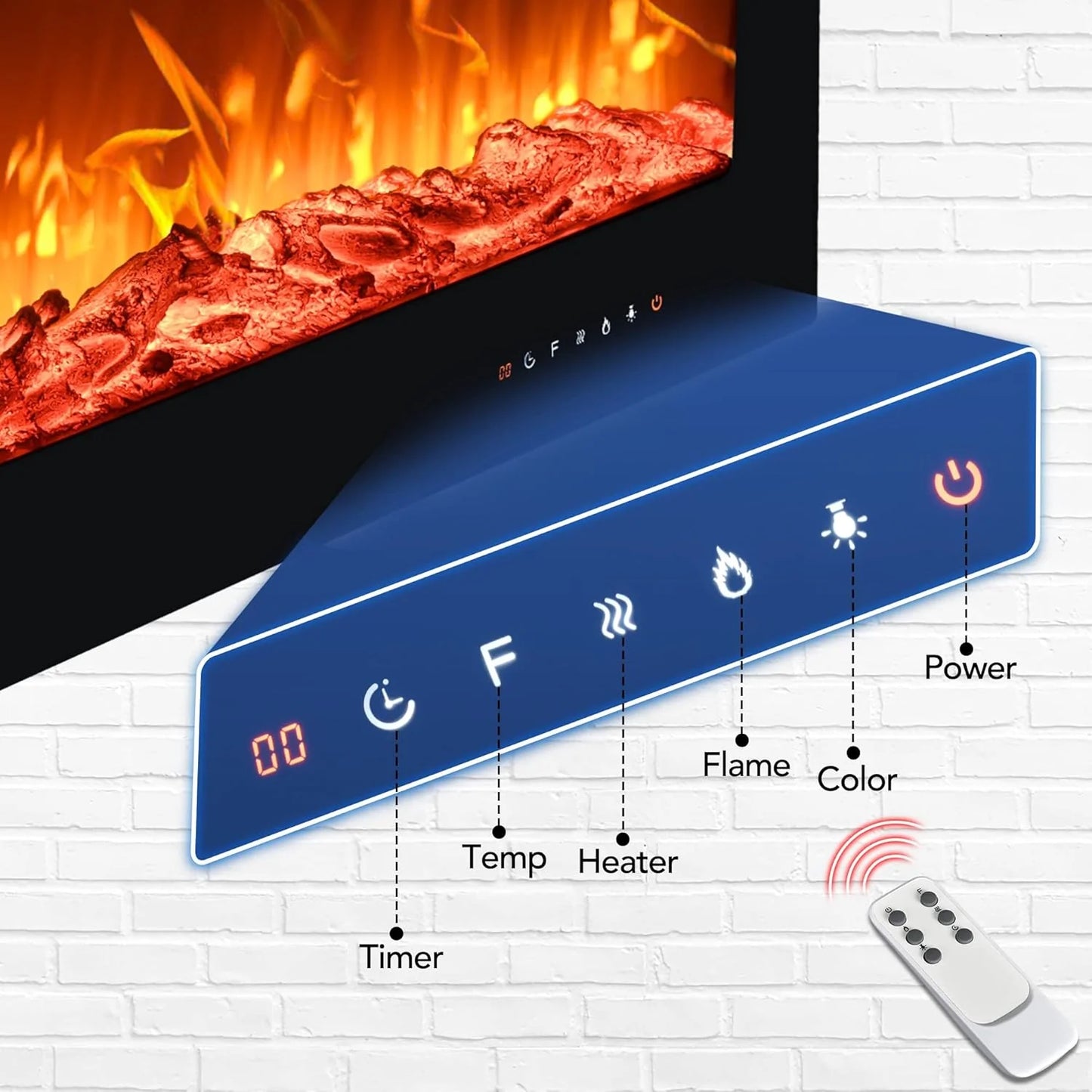EUHOMY 50 Inch Electric Fireplace Wall Recessed and Wall Mounted with Adjustable Flame Color, Fireplace Heater with Remote Control, Linear Fireplace with Timer, Touch Screen, Log & Crystal, 750/1500W