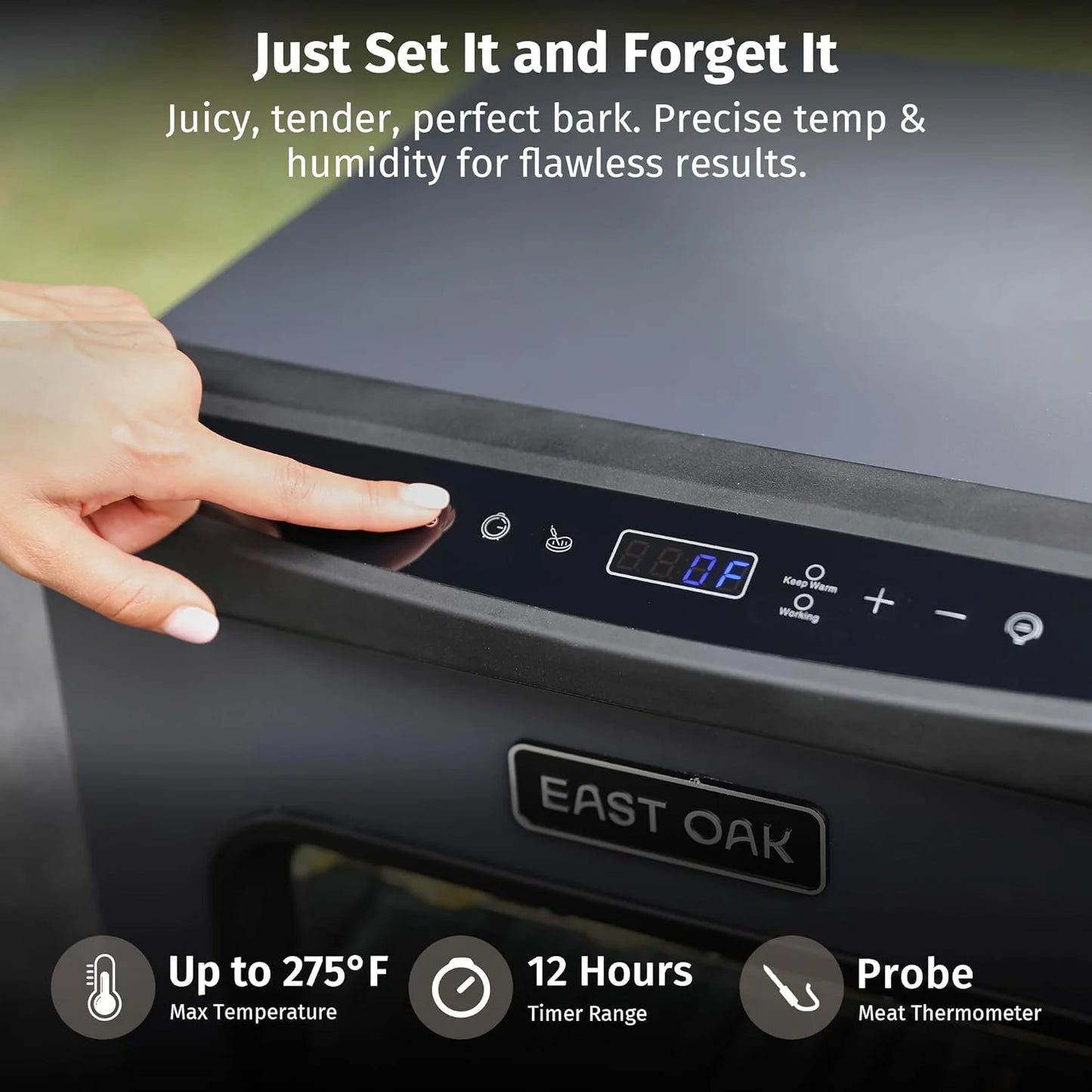 EAST OAK 30" Outdoor Electric Smoker | Built-in meat probe, smokes up to 6 times longer in a single load, side loader for uninterrupted smoking