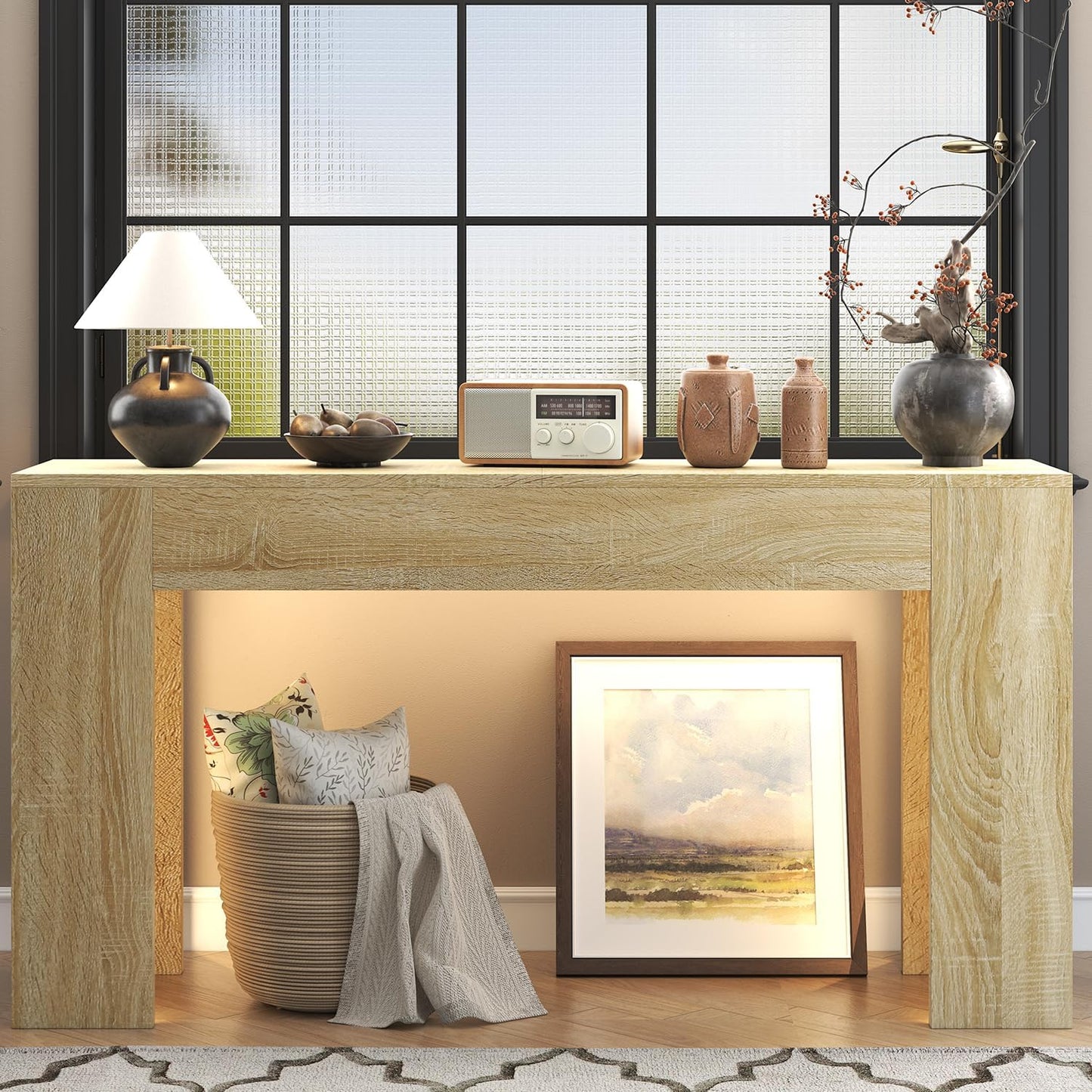 63-Inch Long Console Table with LED Light Farmhouse Sofa Table Behind Couch