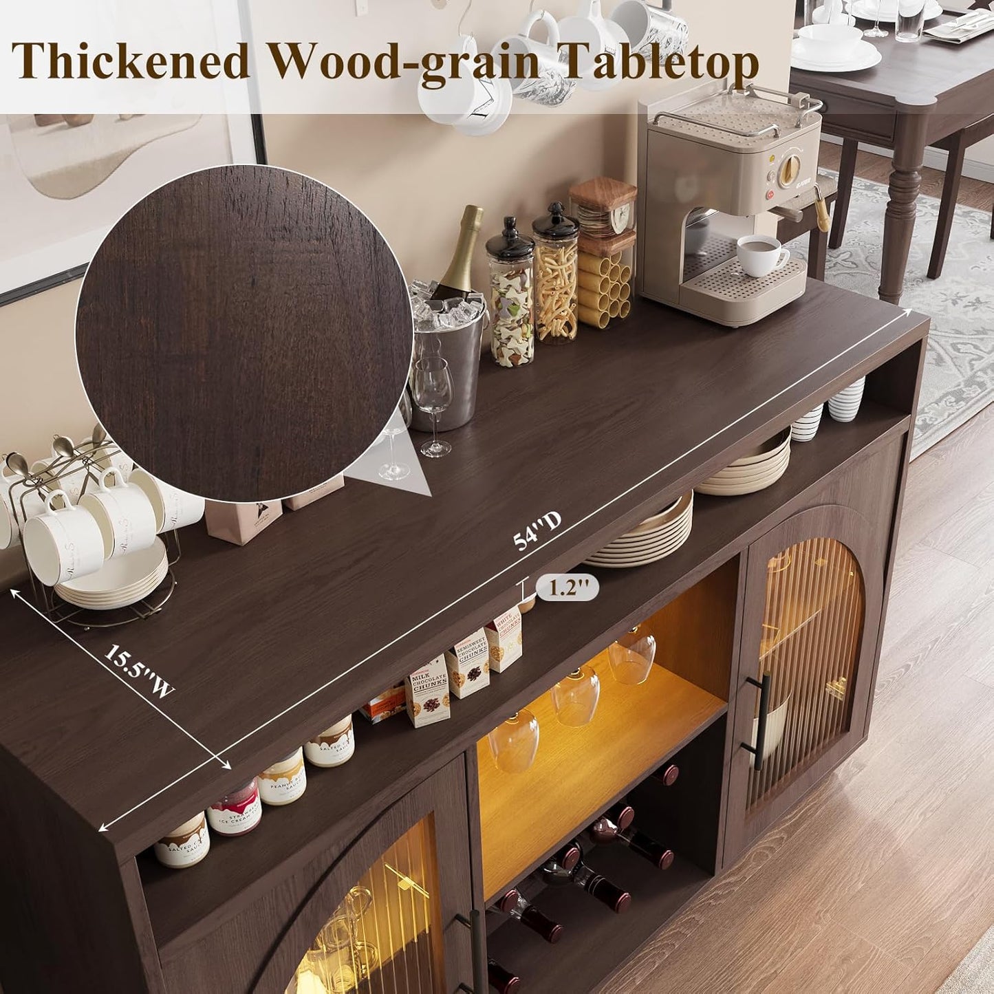 Sideboard, 54-inch kitchen cabinet with LED lights and arched glass doors, tall bar cabinet