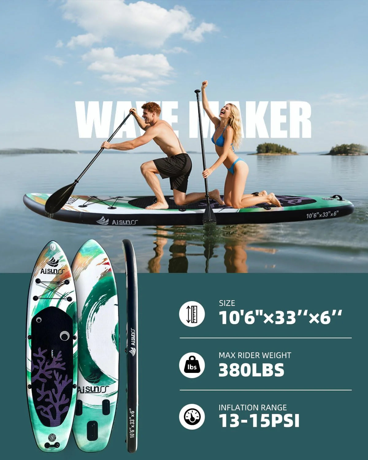 Inflatable wide SUP board with SUP carrying bag, hand pump, 10L waterproof bag and adjustable paddle