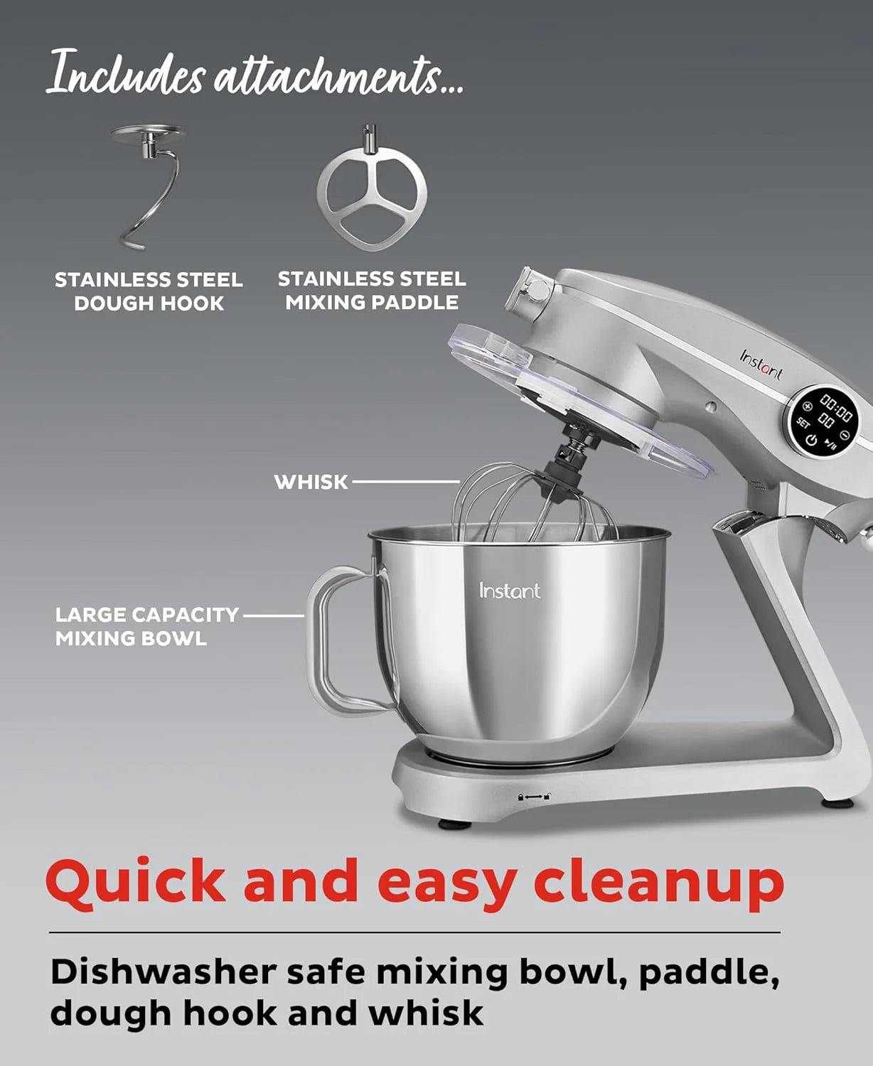 Instant Pot Instant Stand Mixer Pro 600W 10-Speed Electric Mixer with Digital Interface,7.4-Qt Stainless Steel Bowl,Dishwasher Safe Whisk,Dough Hook and Mixing Paddle