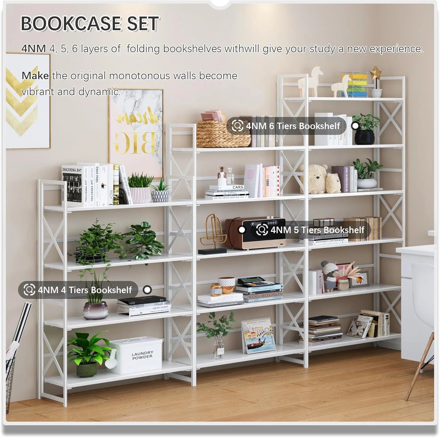 5 Tiers No Assembly Book Shelves 51.2" H Folding Bookshelf Bookcase