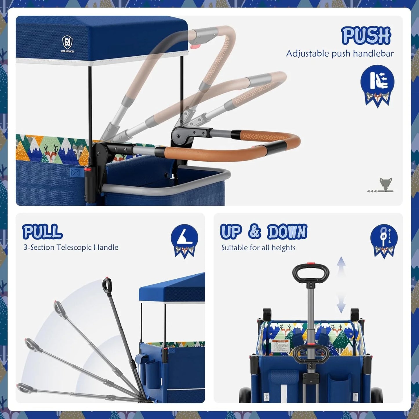 EVER ADVANCED Side-unzip Wagon Stroller for 2 Kids, Push Pull Stroller with Adjustable Handle, Easy Access Front Zipper Door, 5-Point Harness Removable UV-Protection Canopy Shock-Absorbing Wheels,Grey