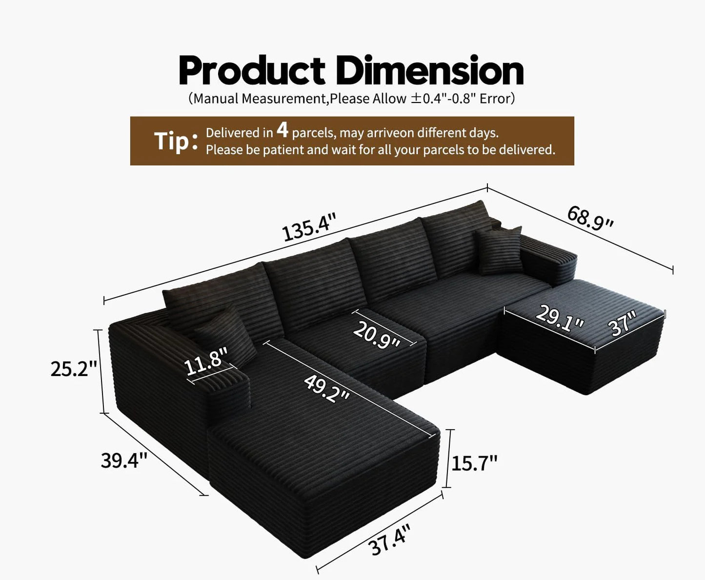107.5 inch Cloud Modular Sectional Sofa with L-Shaped Chaise Lounge, Modern Minimalist Upholstered Sofa Deep Seating Corner Sofa
