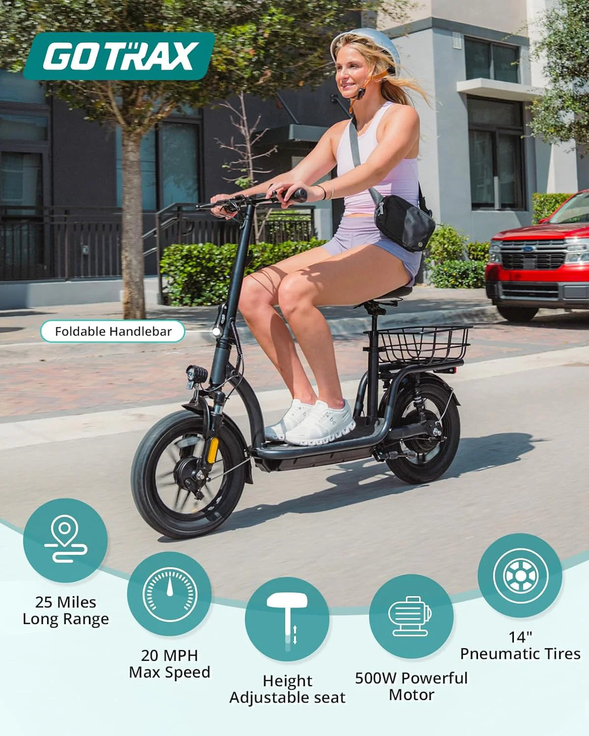 Gotrax adult electric scooter with seat, maximum range of 19-25 miles, all-terrain tires, wide pedals, padded seat, and carrycot
