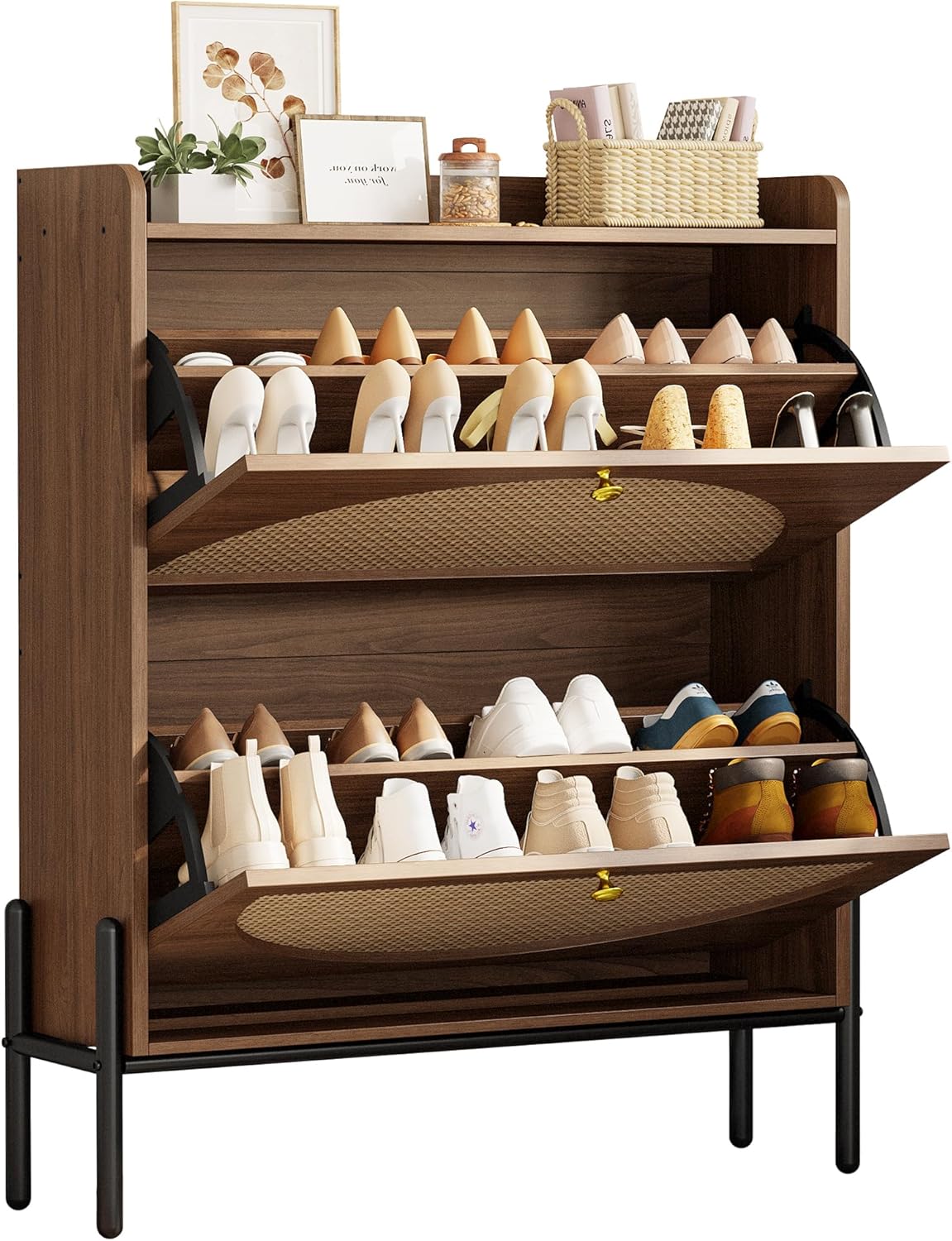 IRONCK Shoe Cabinet Storage with 2 Flip Drawers, Free Standing Wooden Shoe Storage Organizer Cabinet with Rattan Doors for Entryway, Narrow Shoe Rack Cabinet, Oak