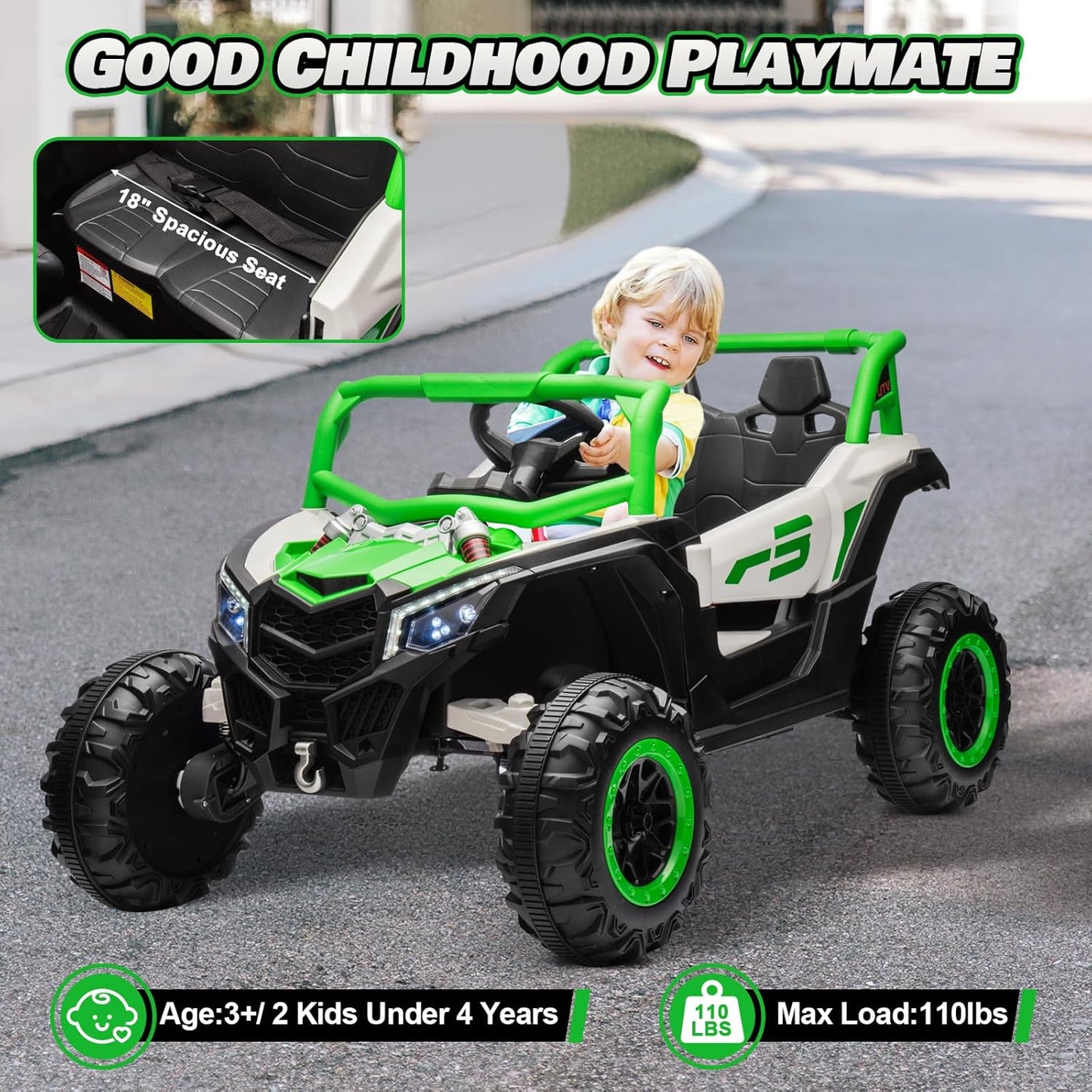 JOYRACER Kids Remote Control Car with 4 x 150W Motors, Shock Absorbers, Bluetooth, MP3 Player, and Headlights