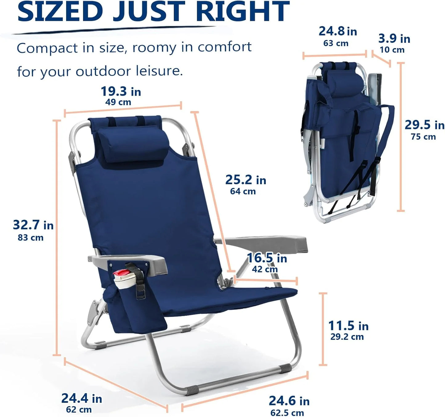 5-Position Aluminum Lay Flat Tall Backpack Beach Chairs 2 Pack Compact Portable Beach Chairs for Adults with Cooler Pouch, Storage Pouch, Towel Bar, Cup Holder & Phone Holder, Blue Stripe