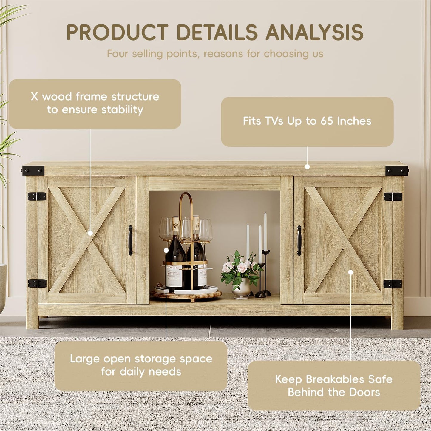 YESHOMY Fireplace TV Stand with Two Barn Doors and Storage Cabinets for Televisions up to 65+ Inch, Entertainment Center Console Table, Media Furniture for Living Room, 58 Inch