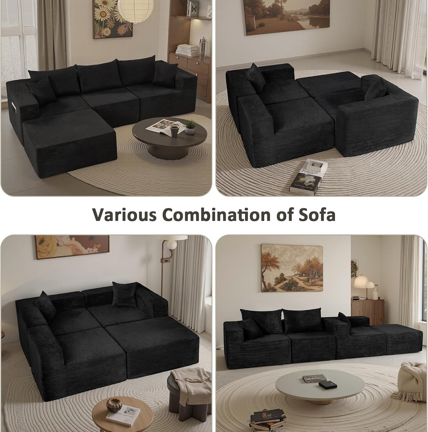 Cloud sofa with L-shaped lounge chair, modern modular sofa with deep seats