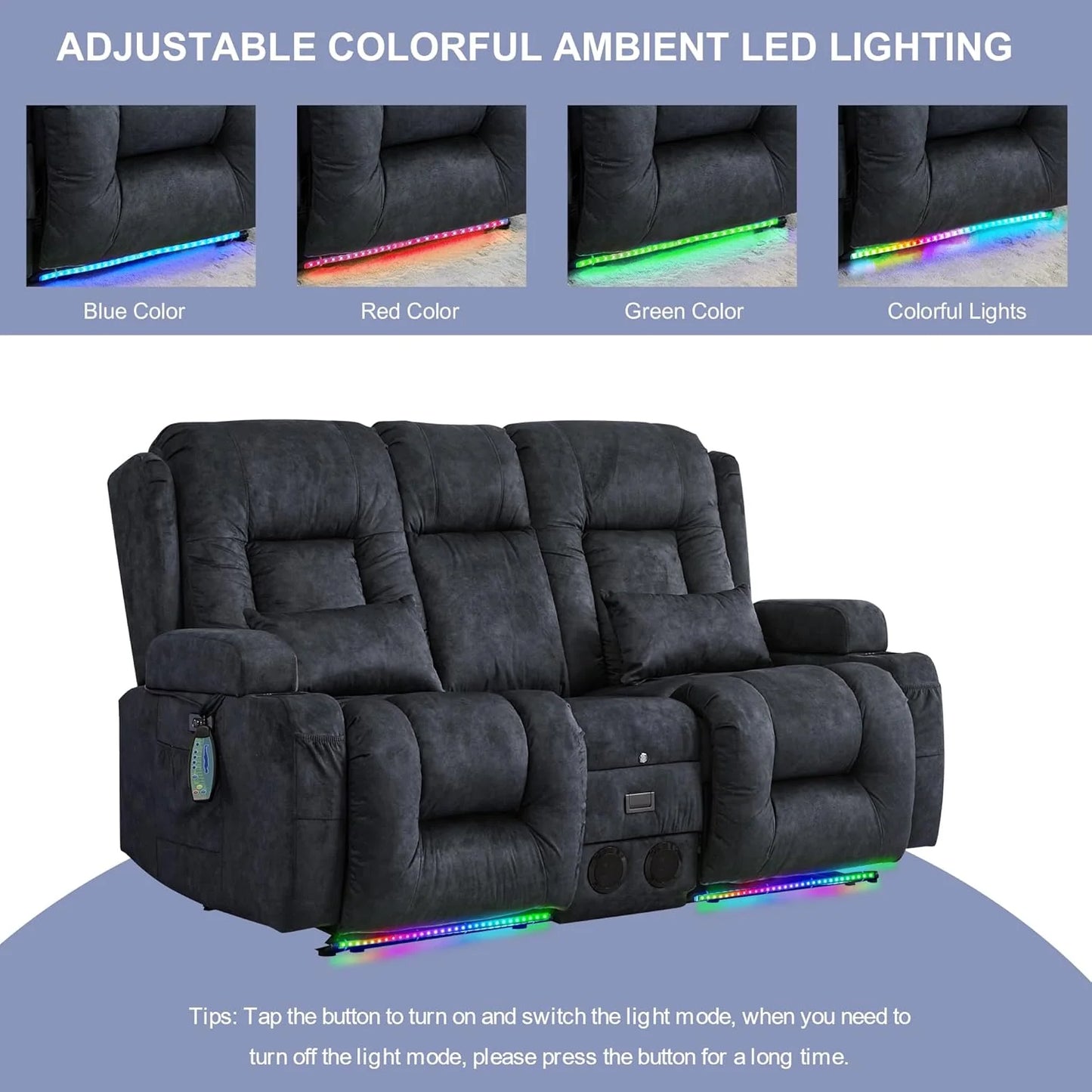 TUNYI Power Loveseat Recliner Sofa with Massage & Heat Home Theater Seating with Console Electric Recliner RV Sofa with USB/Outlet/Storage/Side Pocket/LED Light/Speaker (Brown, Loveseat)