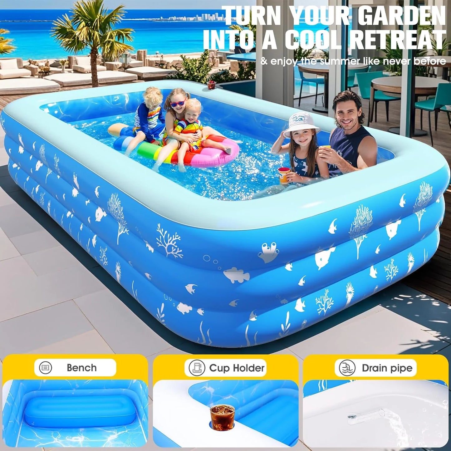 Inflatable Pool with Seat and Pool Lights, Durable Thickened Large Size Family Inflatable Pools for Adults Blow Up Pools,105" x 65" x 25"Swimming Inflatable Kids PooI for Backyard,Outdoor (White)