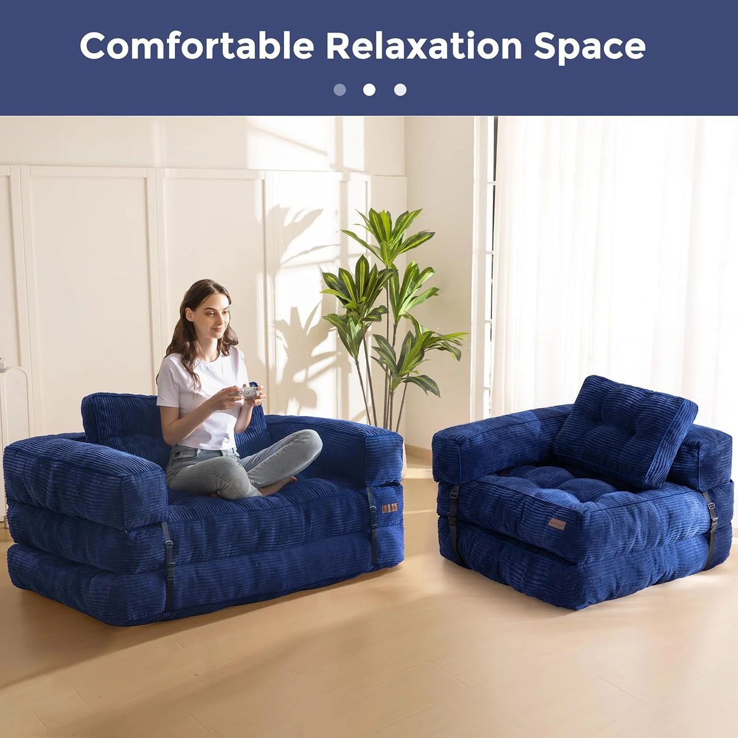 Folding Sofa Bed, L-Shaped Convertible Sofa Bed with Armrests and Pillows,