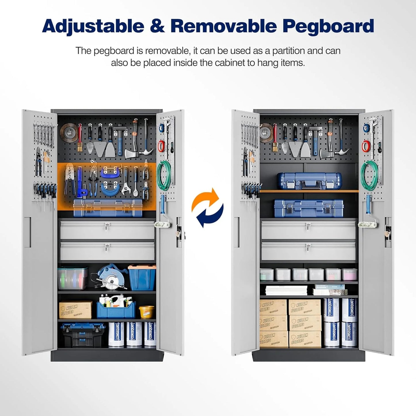 Yizosh Metal Garage Storage Cabinet with Locking Doors and 2 Drawers, Heavy Duty Steel Tool Cabinet with Pegboard, 71" - Lockable Cabinets