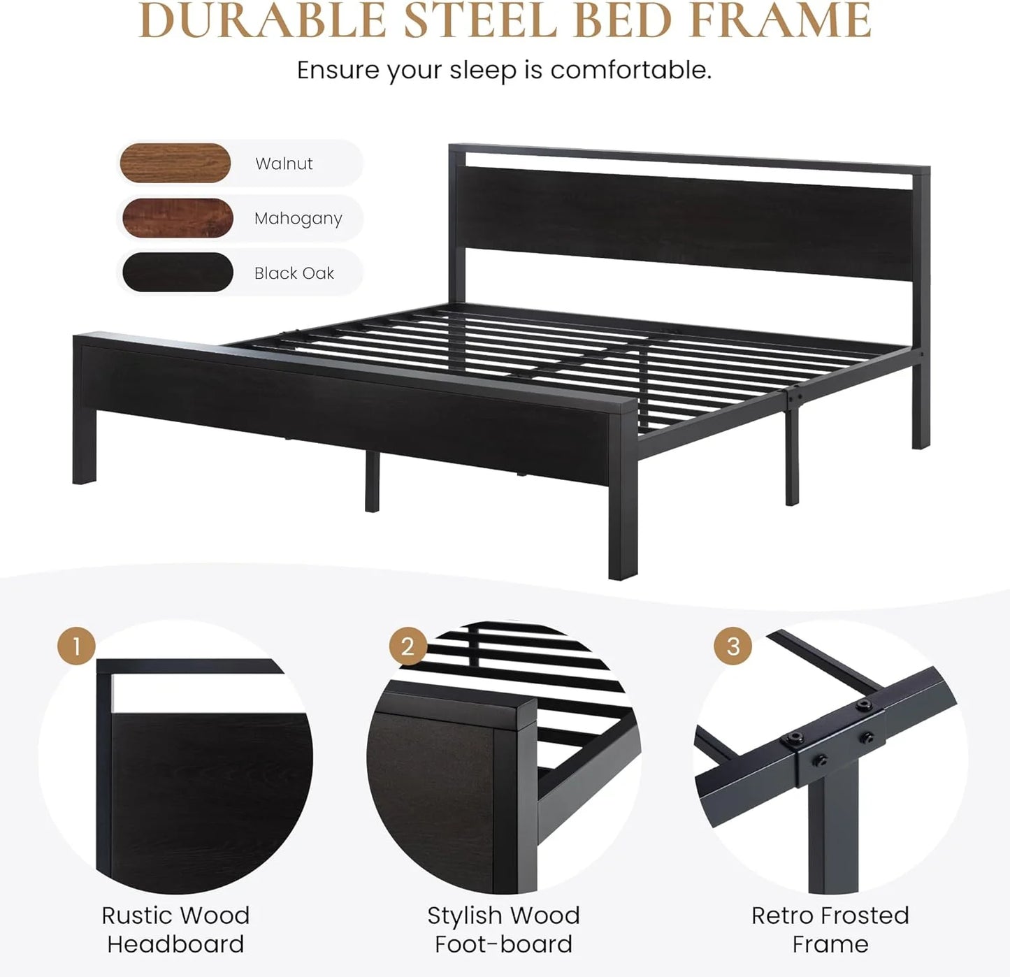 SHA CERLIN 14 Inch Full Size Metal Platform Bed Frame with Wooden Headboard and Footboard, Mattress Foundation, No Box Spring Needed, Large Under Bed Storage, Non-Slip Without Noise, Mahogany