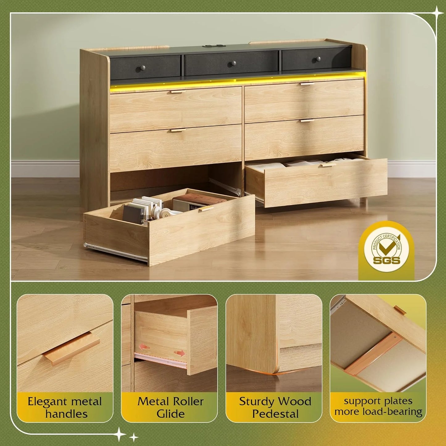 9 Drawer Led Dresser for Bedroom, 58.35'' Wide Wood Dresser Storage Organizer with Power Outlets for 65'' TV, Dressers with Open Shelves