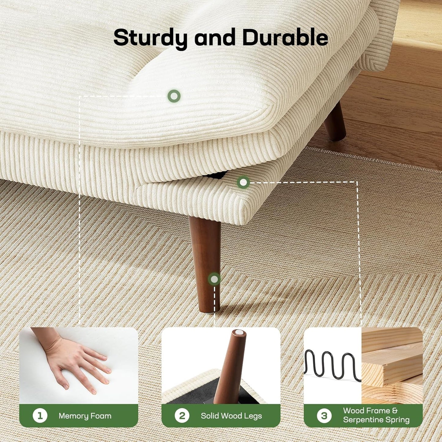 Futon Sofa Bed, Futon Sofa with Adjustable Back and Armrests, Converts to Small Sleeper Sofa Bed Corduroy Loveseat Green