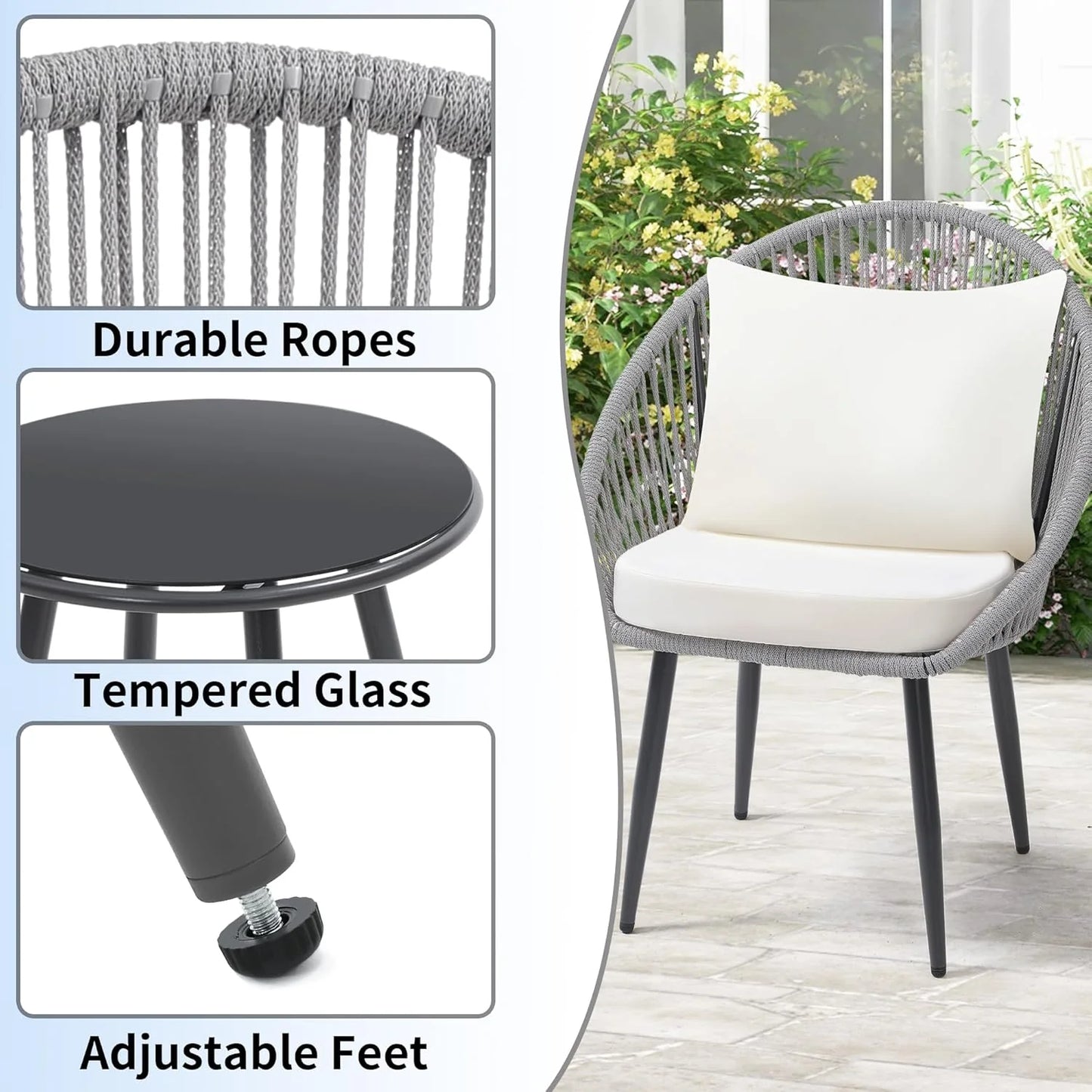 3 Piece Bistro Set, Woven Rope Chair with Cushions, All Weather Patio Conversation Set with Side Table, Ideal for Deck, Balcony, Poolside, Black