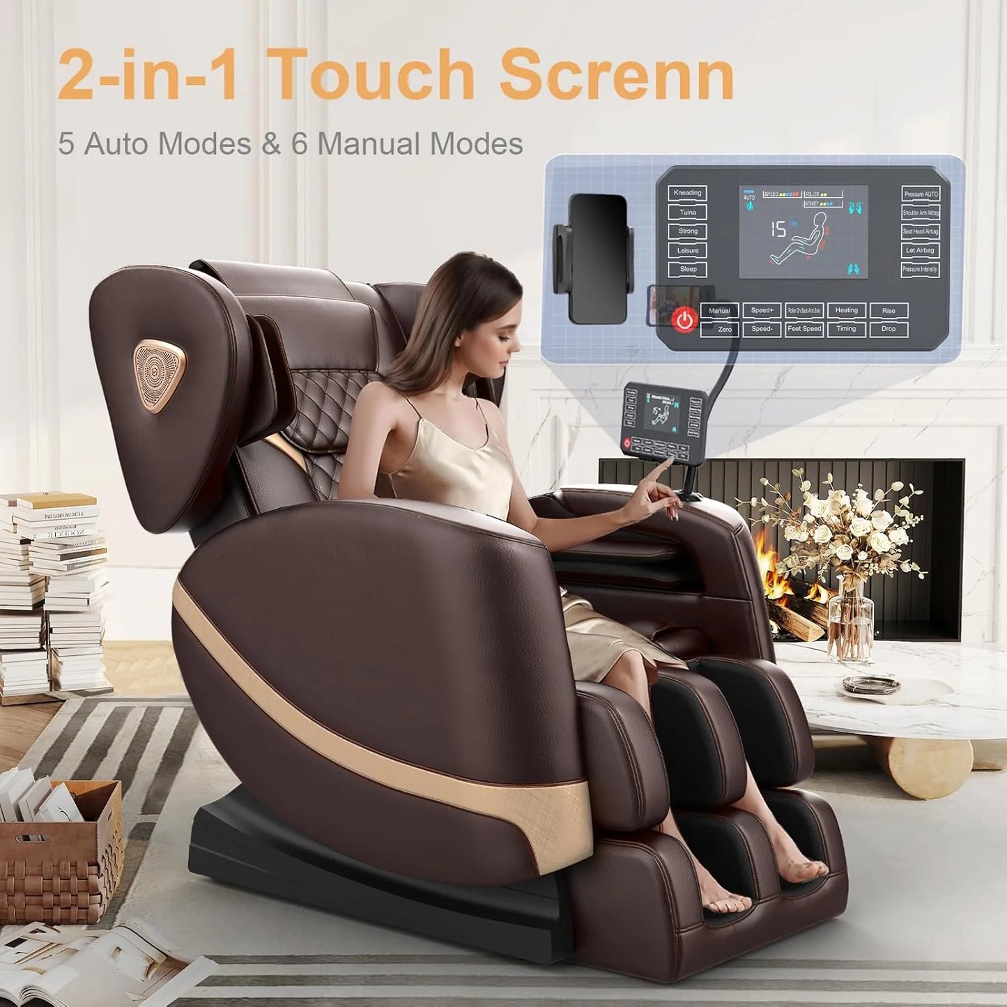 2025 Massage Chair Full Body, Zero Gravity Massage Chair with 10 Fix Rollers, Heating, Foot Massage, Auto Modes, Bluetooth Speaker, Touch Screen Controller (Black & Brown)