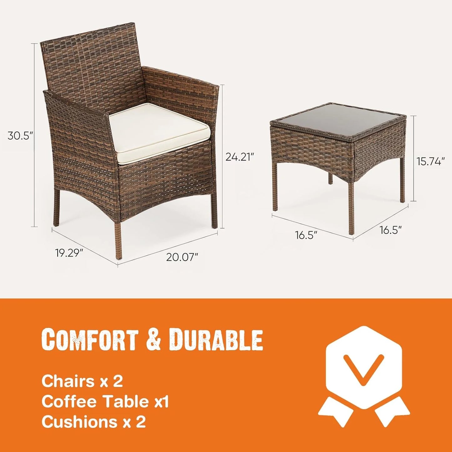 Sweetcripy Patio Furniture Set 3 Pieces, Outdoor Furniture with Soft Cushion and Glass Table, All Weather Manual Weaving Wicker Rattan Patio Chairs for Garden, Terrace, Porch(Black and Beige)