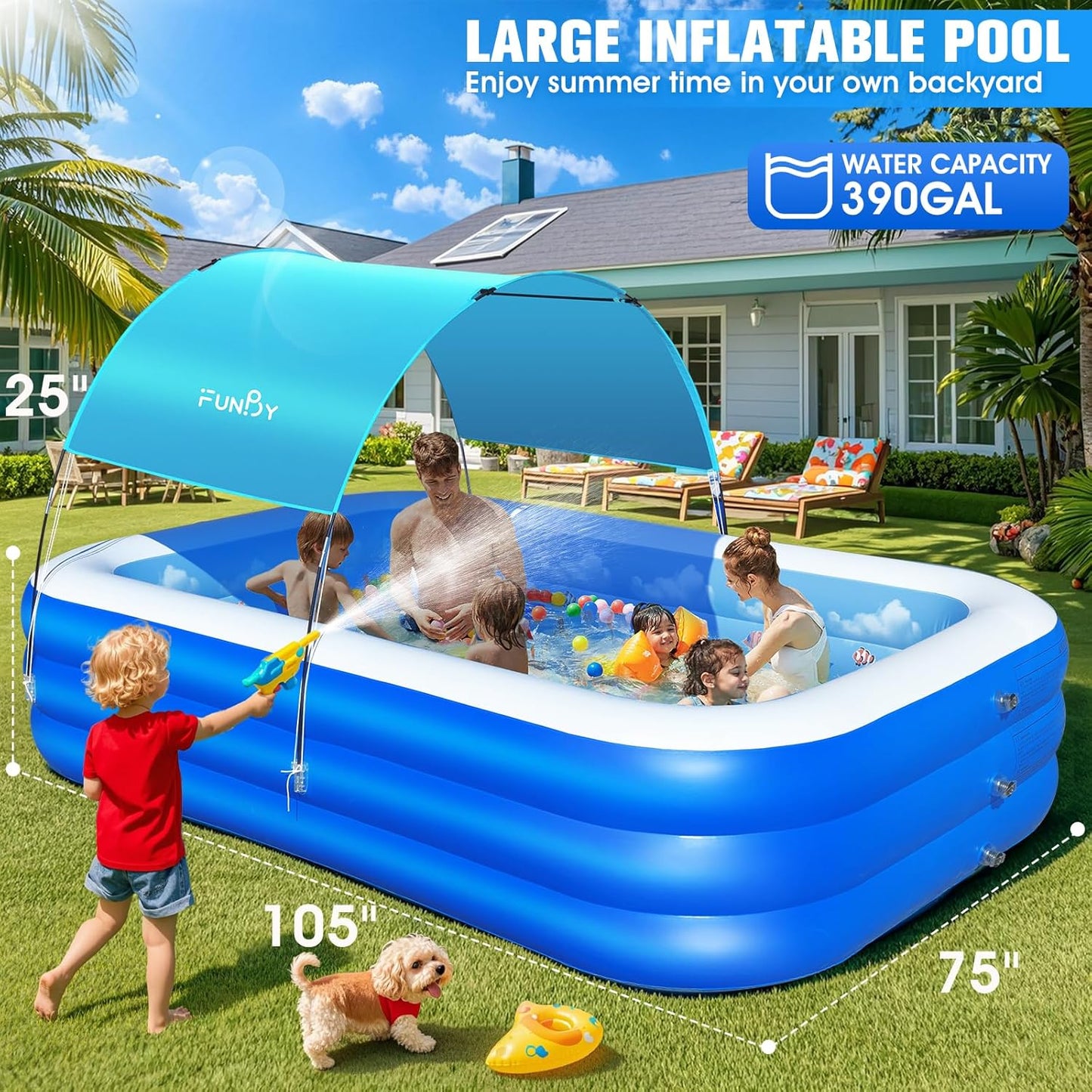 Inflatable Pool with Canopy,Upgraded Inflatable Swimming Pool for Kids,Adult,Large Inflatable Blow up Pools,Ocean Theme Oversized Thickened 105"x75"x25"Inflatable Family Pools for Backyard-Blue