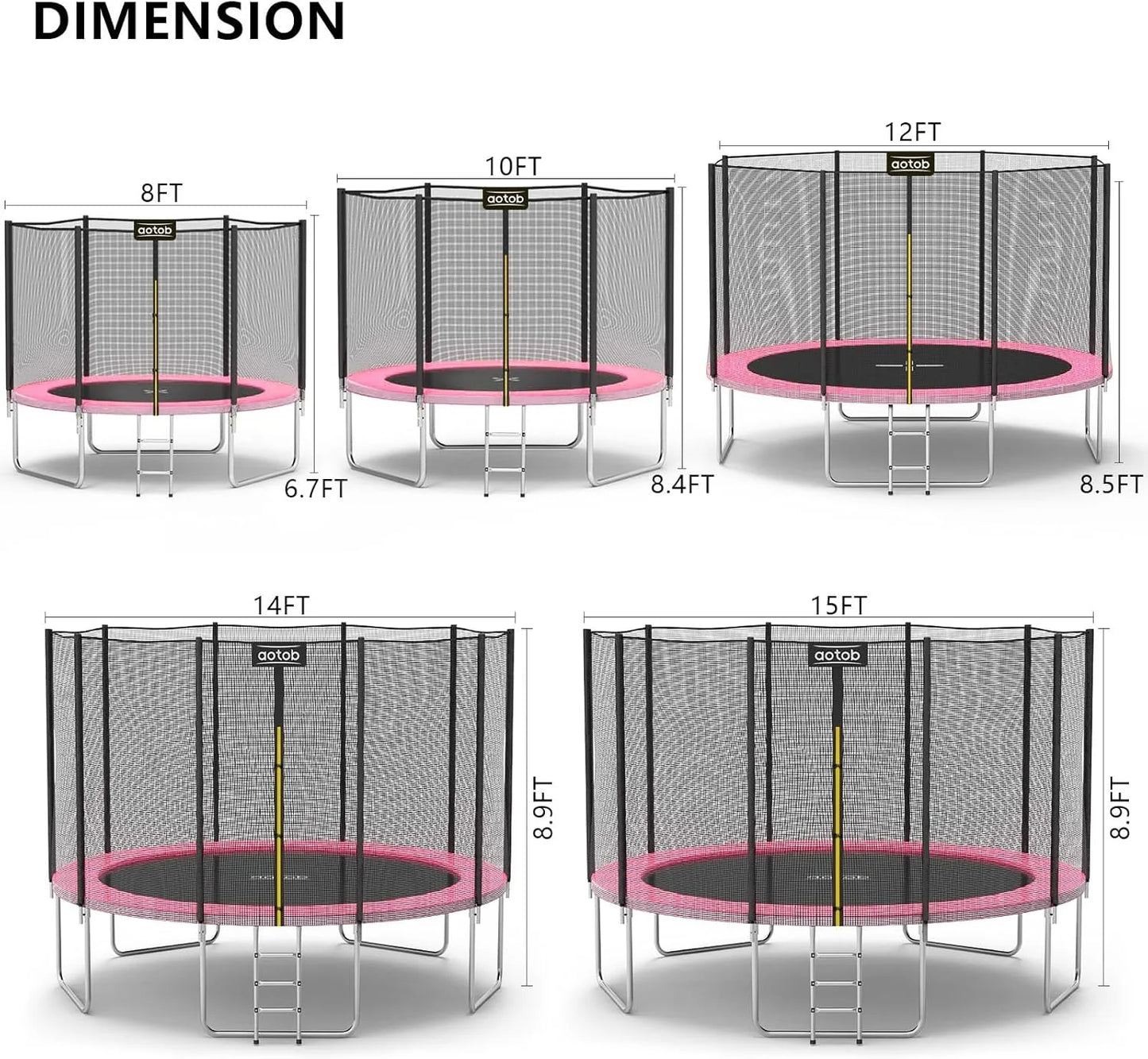 AOTOB 8FT 10FT 12FT 14 FT 15FT Trampoline with Safety Enclosure Net，Outdoor Trampoline with Basketball Hoop, Heavy Duty Jumping Mat and Spring Cover Padding for Kids and Adults, Storage Bag and Ladder