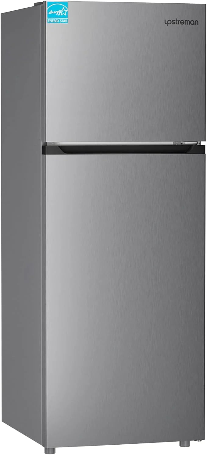 Upstreman 7.7 Cu.Ft. Refrigerator with Freezer, Double Door, Adjustable Thermostat, Large Capacity, Reversible Door Swing, Refrigerator for Apartment, Office, Dorm, Stainless (BD75)