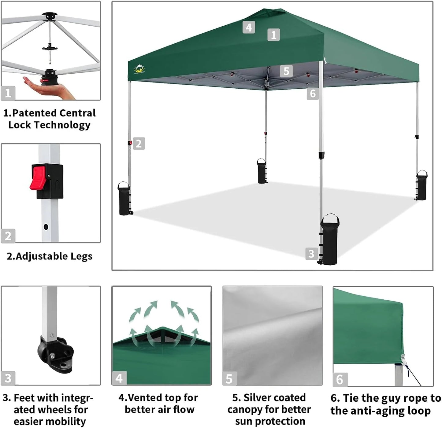 10x10 Pop-Up Awning - One-Click Installation Beach Tent - Outdoor Sunshade Silver Coated Top, 3 Heights and 4 Sand Pockets