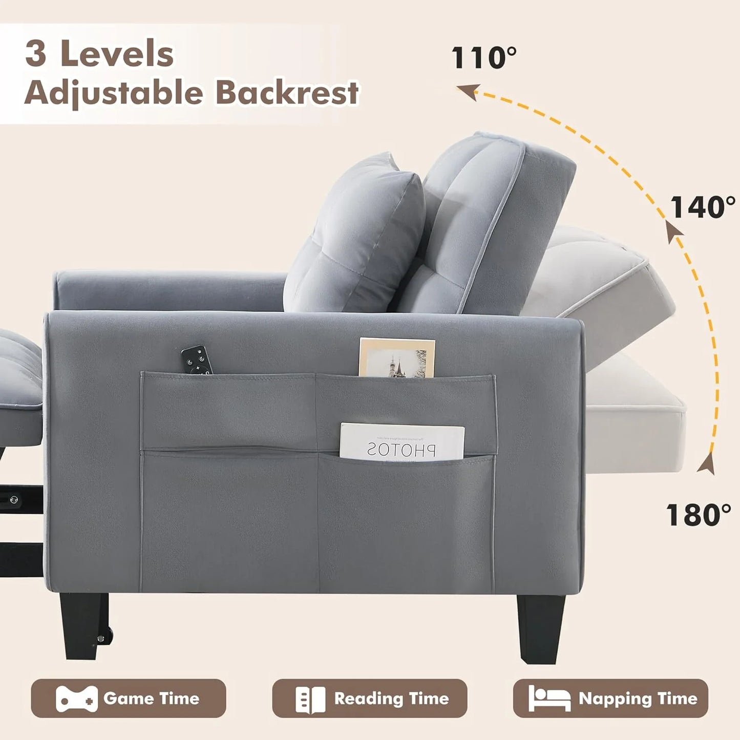 Convertible Sleeper Chair, 3 in 1 Sleeper Chair Bed Pull Out Sofa Bed Chairs, Velvet Single Sofa with Adjustable Backrest