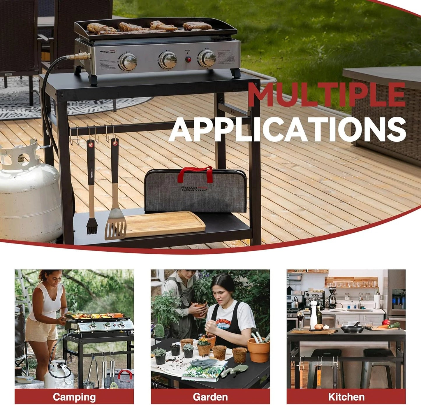 Royal Gourmet Dining Cart Table with Double-Shelf, Movable Stainless Steel Flattop Grill Cart, Hooks, Side Handle, Multifunctional PC3401B (Black)