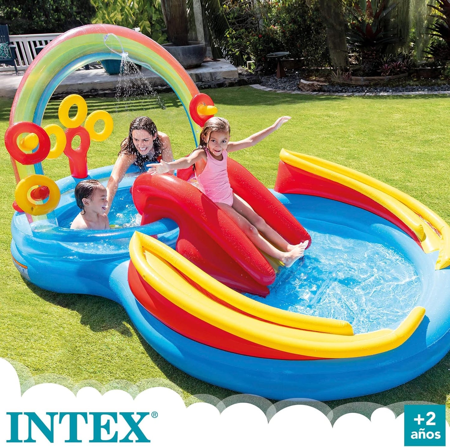 Intex 96" x 78" x 28" Inflatable Jungle Adventure Play Center Spray Kiddie Pool - Backyard Kids Water Slide, Outdoor Blow-Up Splash Pad for Toddlers