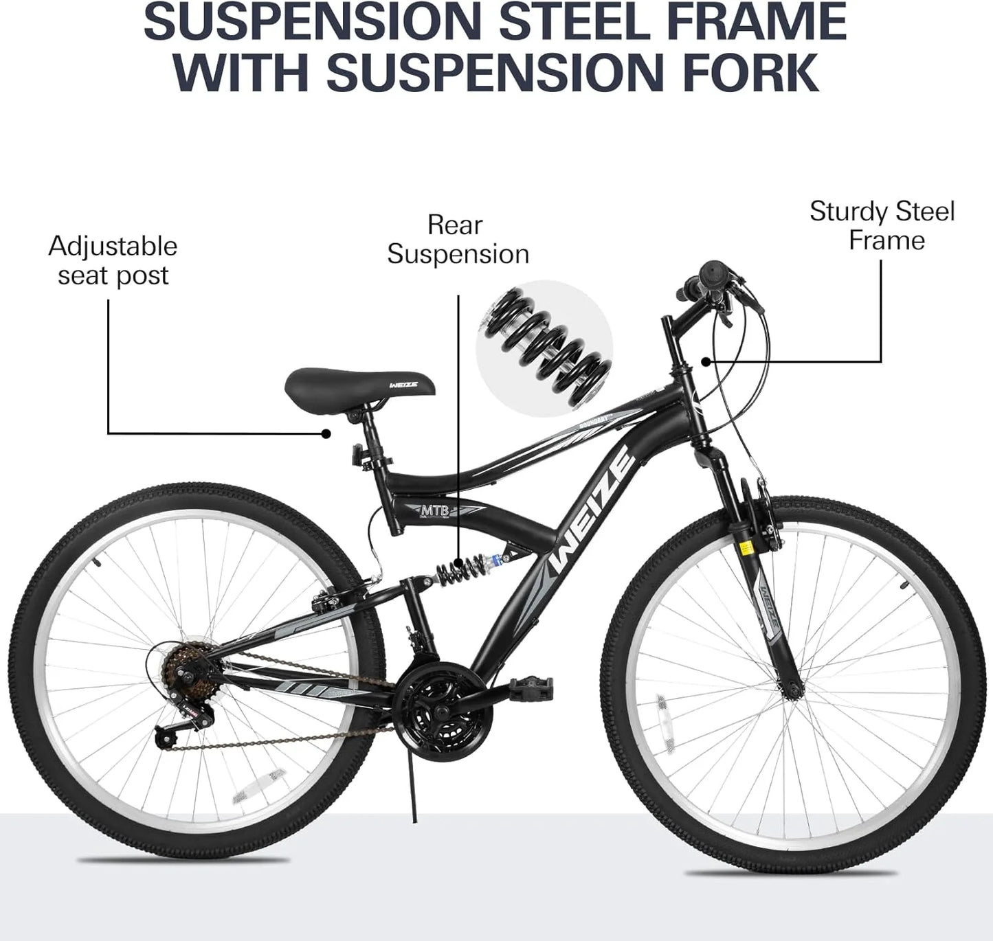 WEIZE Mountain Bike, 26 27.5 inch Outdoor Hybrid Bikes,18-Speed/High-Carbon Steel/Dual Full Suspension, Adjustable Ergonomic Seat for Men Women Adult, MTB Bicycle with Suspension Fork,Sleek Colors