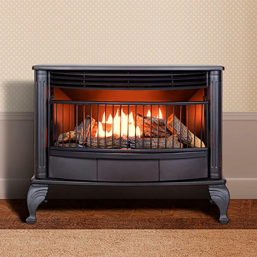 Vent-free 25,000 BTU space-saving freestanding dual-fuel fireplace with built-in thermostat control