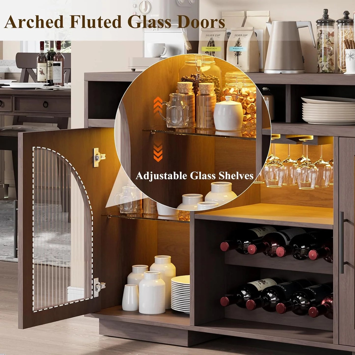 Sideboard, 54-inch kitchen cabinet with LED lights and arched glass doors, tall bar cabinet