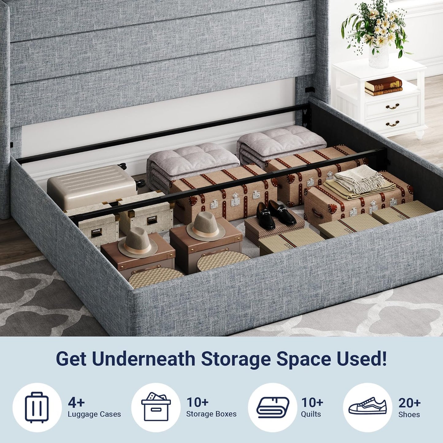 Allewie Queen Size Lift Up Storage Bed, Modern Wingback Headboard, Hydraulic Support, No Box Spring Needed, Light Beige