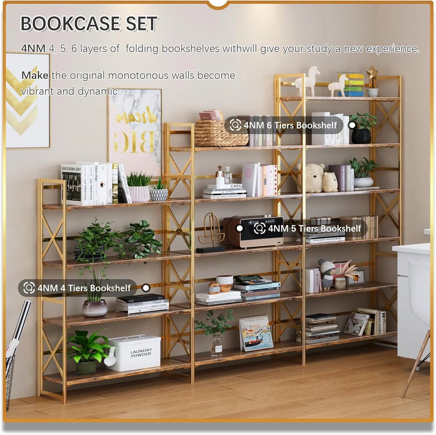 5 Tiers No Assembly Book Shelves 51.2" H Folding Bookshelf Bookcase