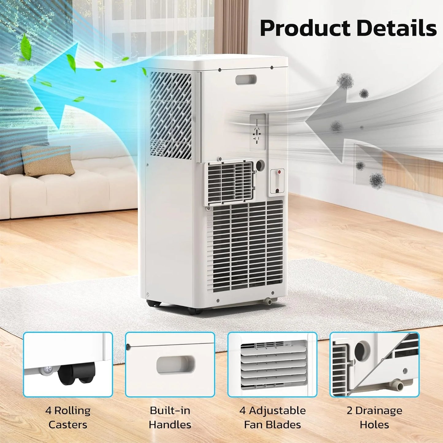 ZAFRO 8,000 BTU Portable Air Conditioners, 4 Modes Portable AC Unit with Fast Cooling/Energy Efficient/Remote/24Hrs Timer for Bedroom/Dorms/Indoor Rooms, White