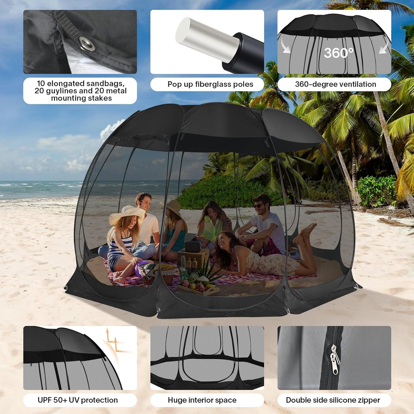 Screen gazebo, sleeps 6-10-15 people Igloo-style canopy tent with mosquito net on the sides Perfect for garden, patio, backyard