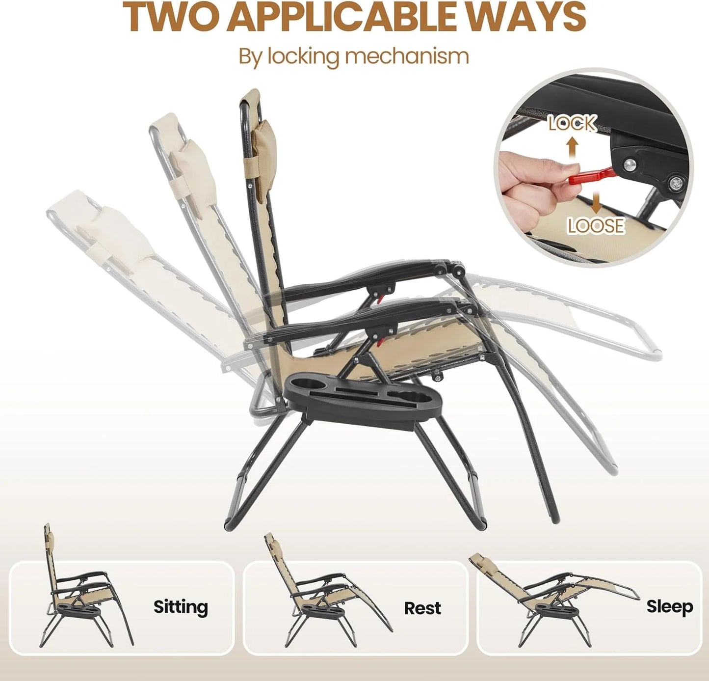 3PCS Zero Gravity Recliner Portable Outdoor Reclining Chair Set w/Side Table Folding Chaise Lounge Chairs