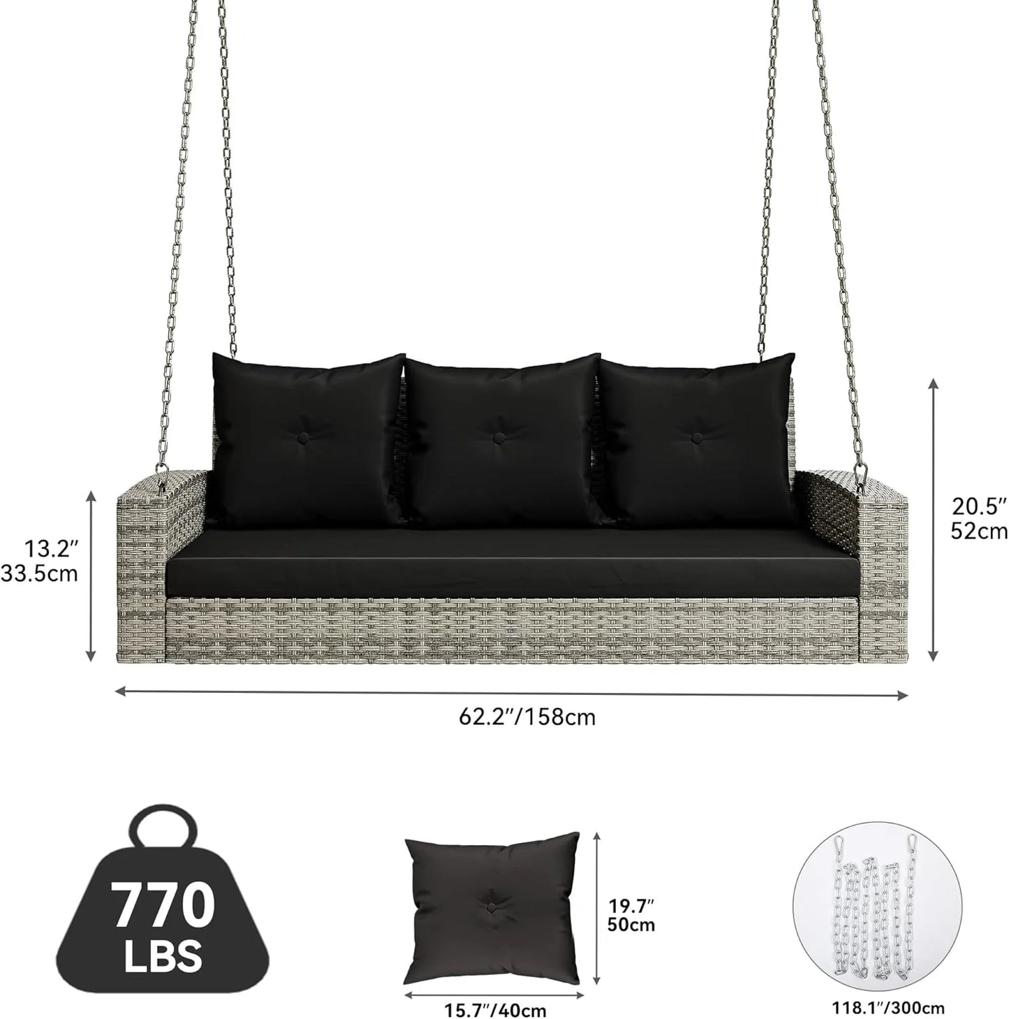 YITAHOME Hanging Porch Swing Chair Sits 3 People, Wicker Outdoor Swing Bench, Patio Lounge Chair, 1 Seating Cushion and 3 Back Cushions, w/Removable Covers, for Garden, Balcony, Backyard, Brown