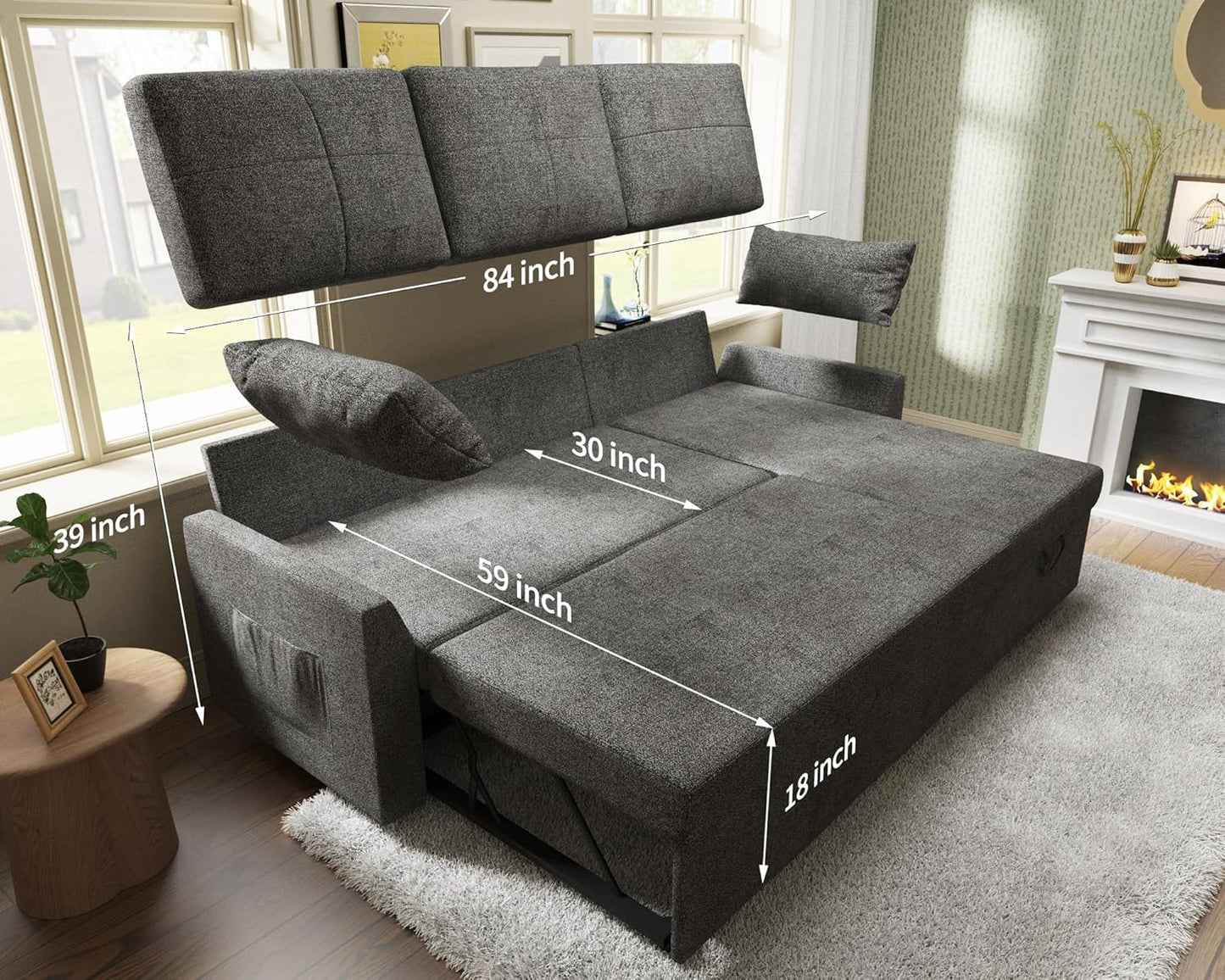 VanAcc Sofa Bed, Sleeper Sofa with Storage Chaise- 2 in 1 Pull Out Couch Living Room, Comfy Sleeper Couch