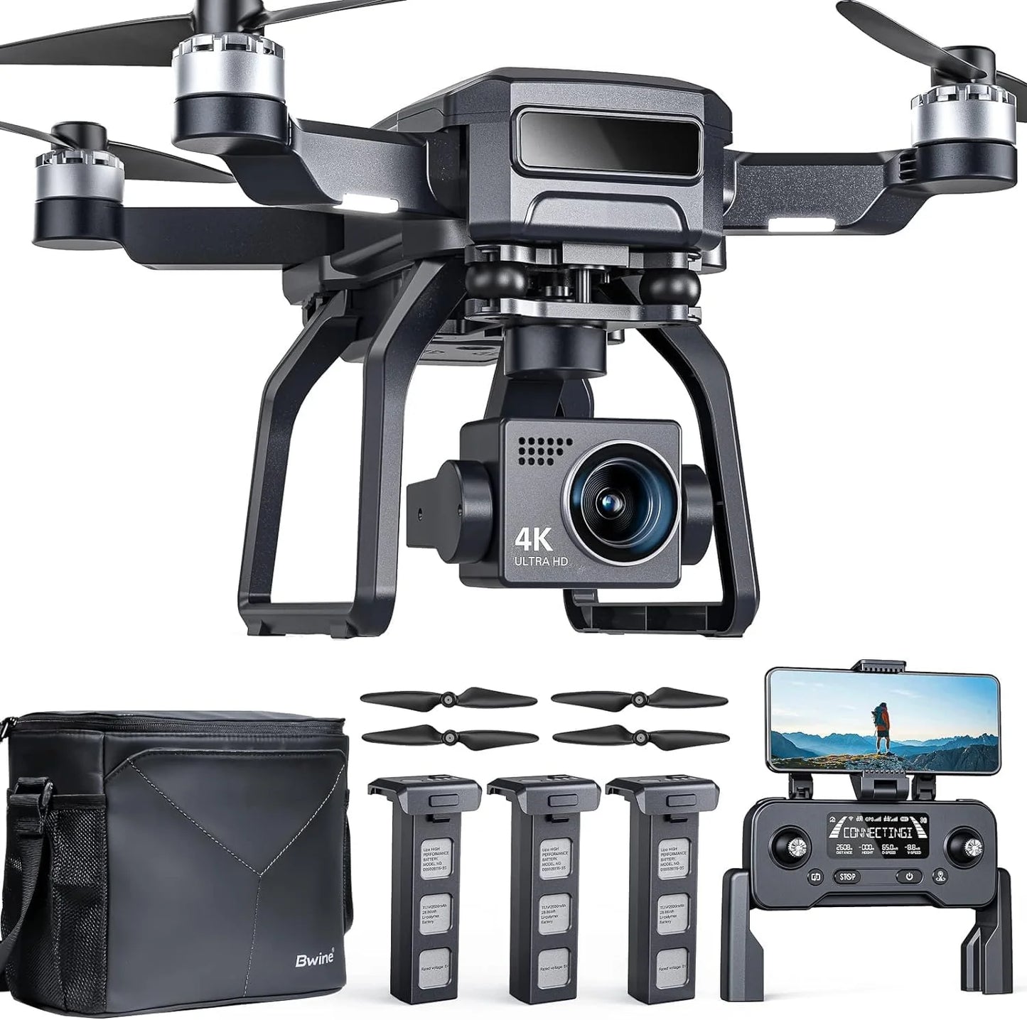 Adult-specific camera drone with 4K UHD aerial photography, 3-axis gimbal, 10,000-foot control, 3 batteries for 75 minutes of flight time, and GPS tracking