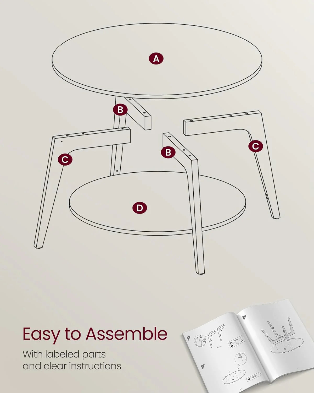 VASAGLE Round Coffee Table, 2 Tier Coffee Table with Storage, for Living Room, 31.5 x 17.7 Inches