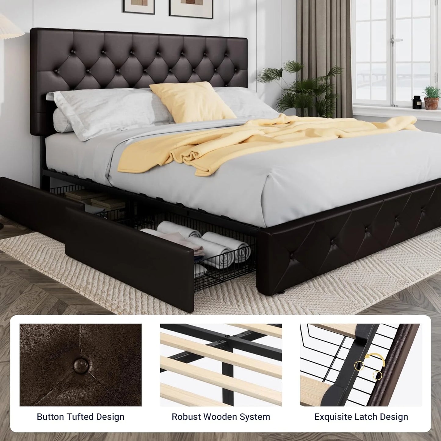 Allewie Upholstered Queen Size Platform Bed Frame with 4 Storage Drawers and Headboard, Square Stitched Button Tufted, Mattress Foundation with Wooden Slats Support, No Box Spring Needed