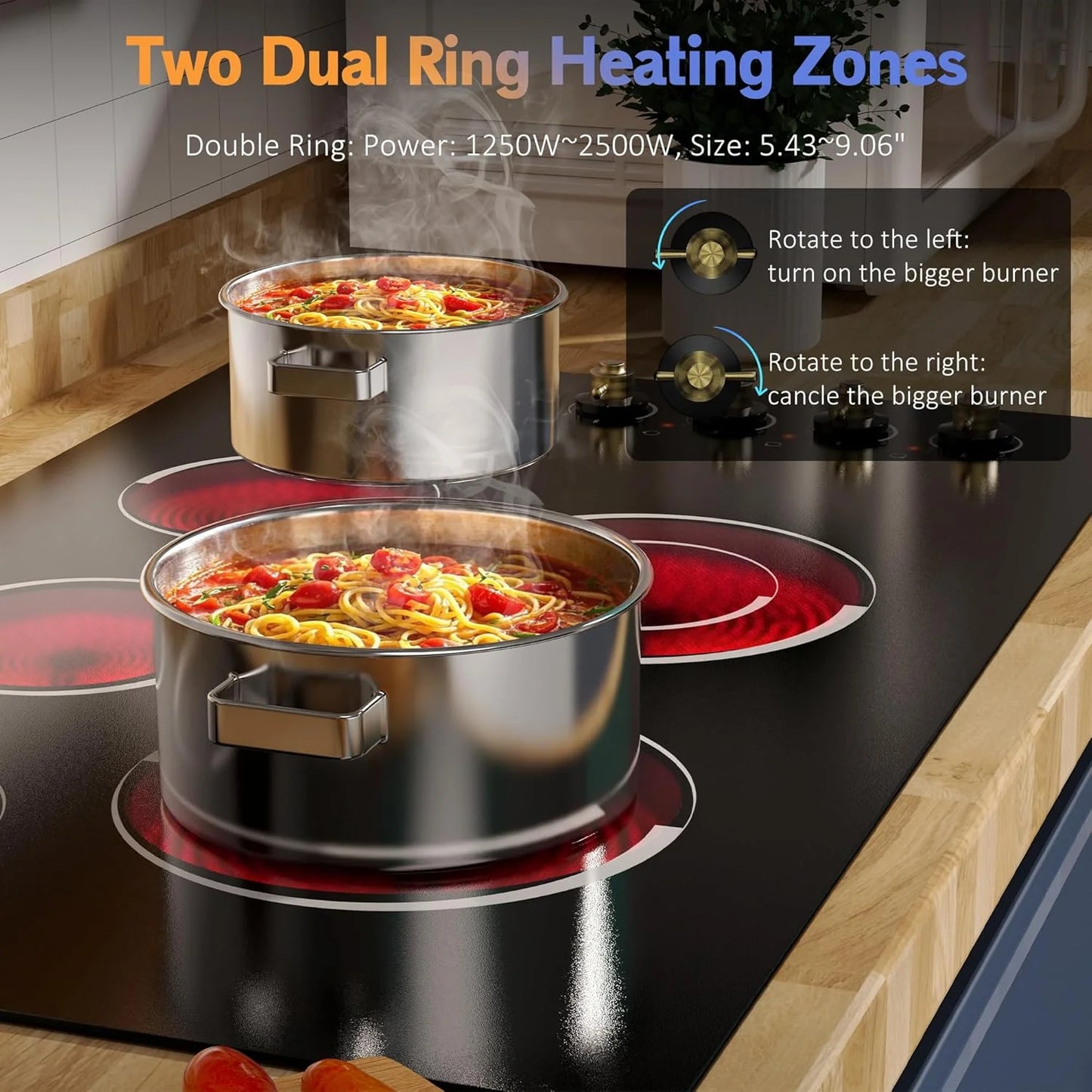 Electric Cooktop 30 Inch - 5 Burners Built-in Ceramic Cooktop, 30" Electric Stove Top with Glass Protection Metal Frame, 9 Heating Level, 8400W, 220-240V for Hard Wire(No Plug)