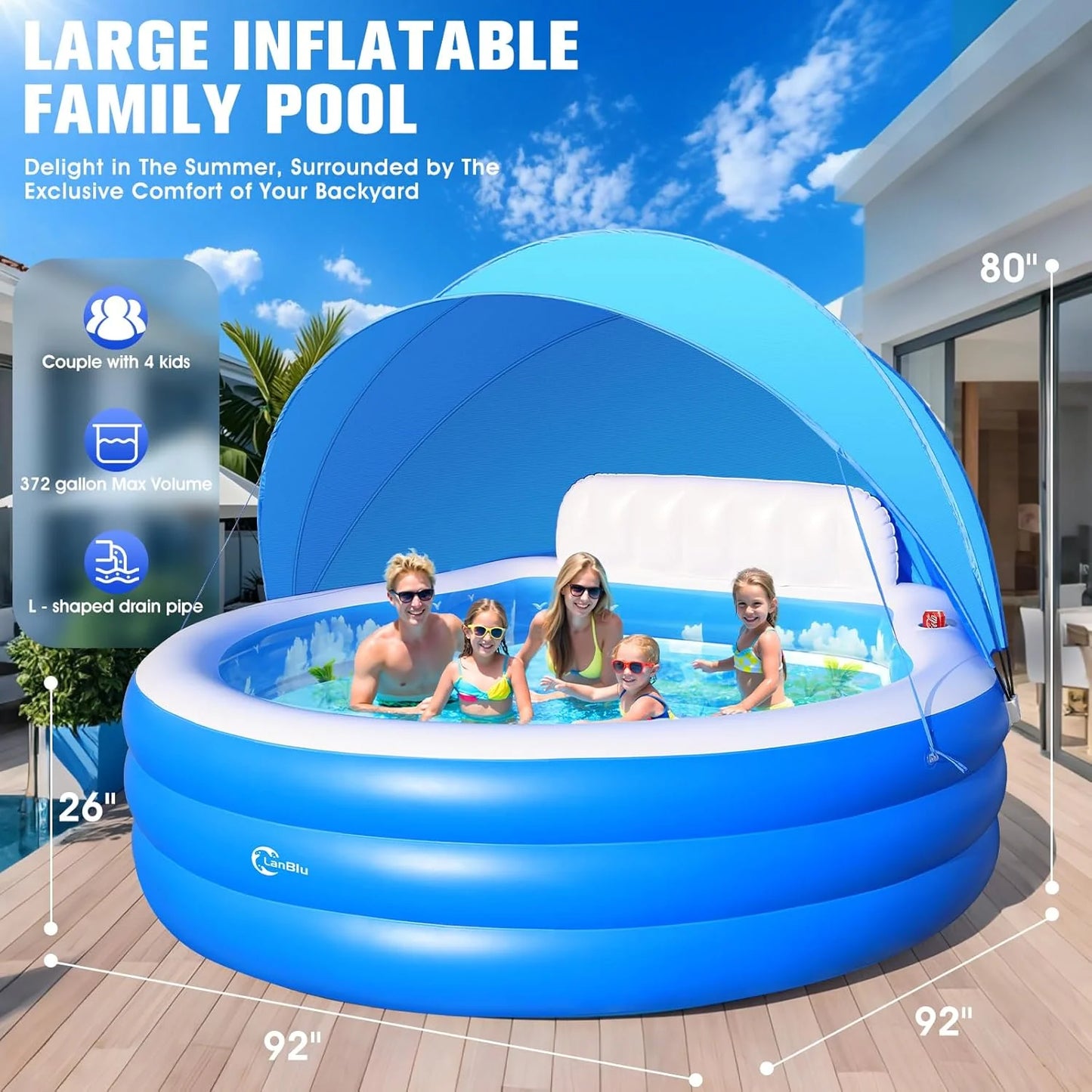 2025 Upgraded Inflatable Pool with Canopy, Inflatable Family Lounge Pool, Round Blow Up Pool for Adult with Bench & Backrest, Swim Center Easy Backyard Pools for Kids & Adults, 92"x92"x26", Blue
